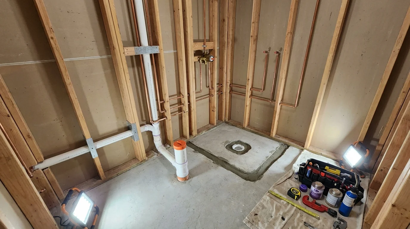 Bathroom rough-in plumbing during remodel by Johns Plumbing LLC in Montclair
