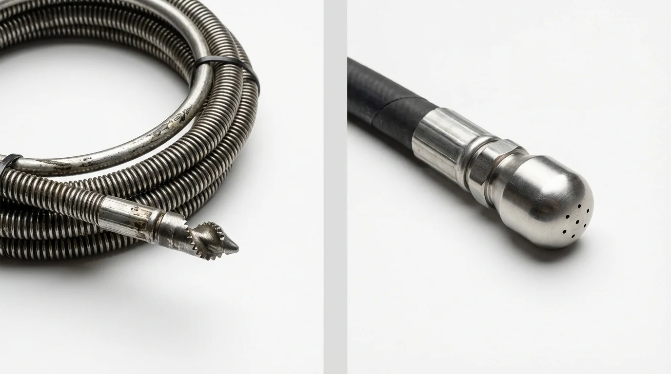 Drain snake cable and hydro jetting nozzle used for drain cleaning in Montclair, NJ