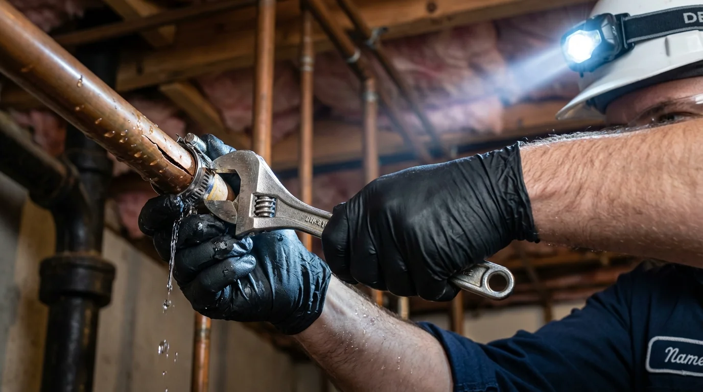 Emergency pipe clamp repair being performed by a Johns Plumbing LLC plumber in Montclair