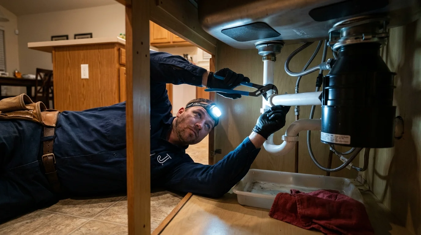 P-trap and supply line connections under a kitchen sink showing a common leak point in Montclair, NJ